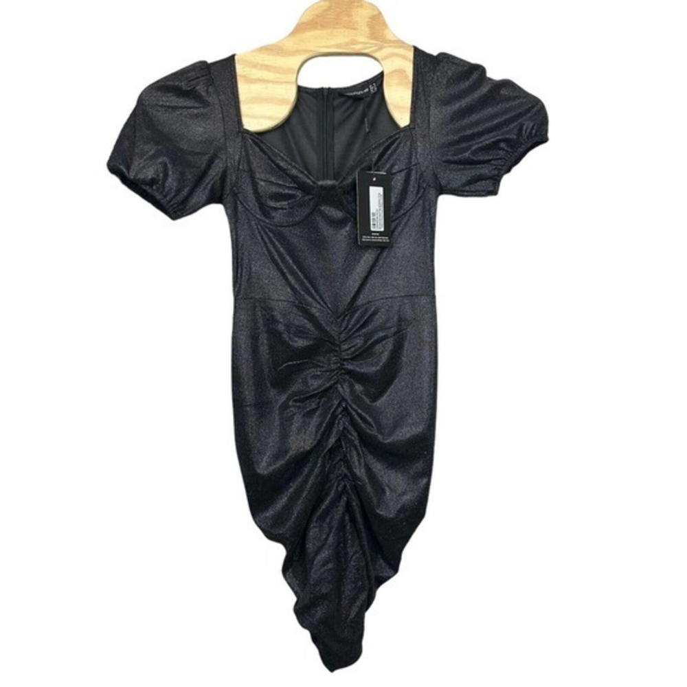 PrettyLittleThing Black Glitter Ruched Puff Sleeve‎ Cup Detail Bodycon Dress 4